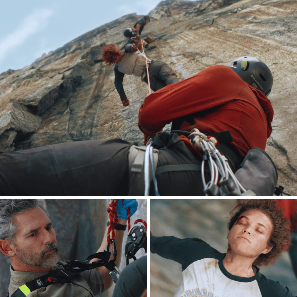 Scenes from Untamed Netflix Review: Lucy’s body dangles from a mountain cliff, tangled in climbing ropes, as two climbers look on in horror; Kyle Turner later retrieves her lifeless body beneath the Yosemite cliffs