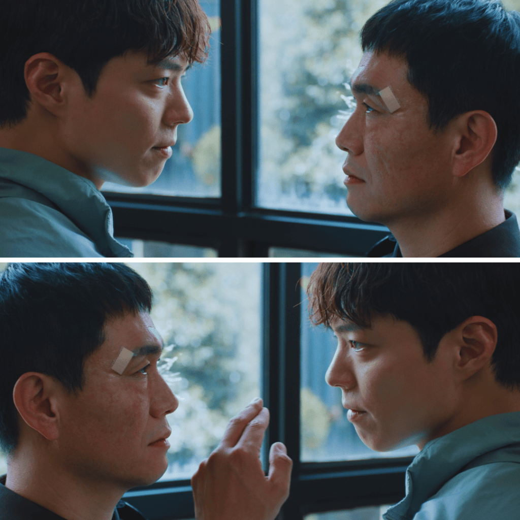 Good Boy K-drama Review: Yoon Dong-ju and Min Ju-yeong stand face to face in their first tense encounter, foreshadowing the psychological chess game that defines their relationship.