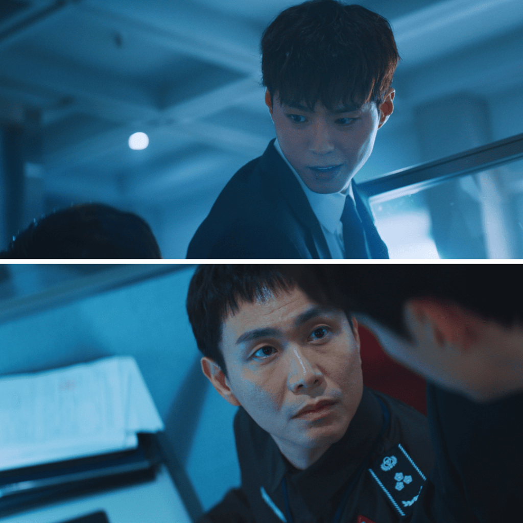 Good Boy K-drama Review: Yoon Dong-ju confronts Min Ju-yeong at the customs office, a moment thick with rising stakes and shifting dominance.