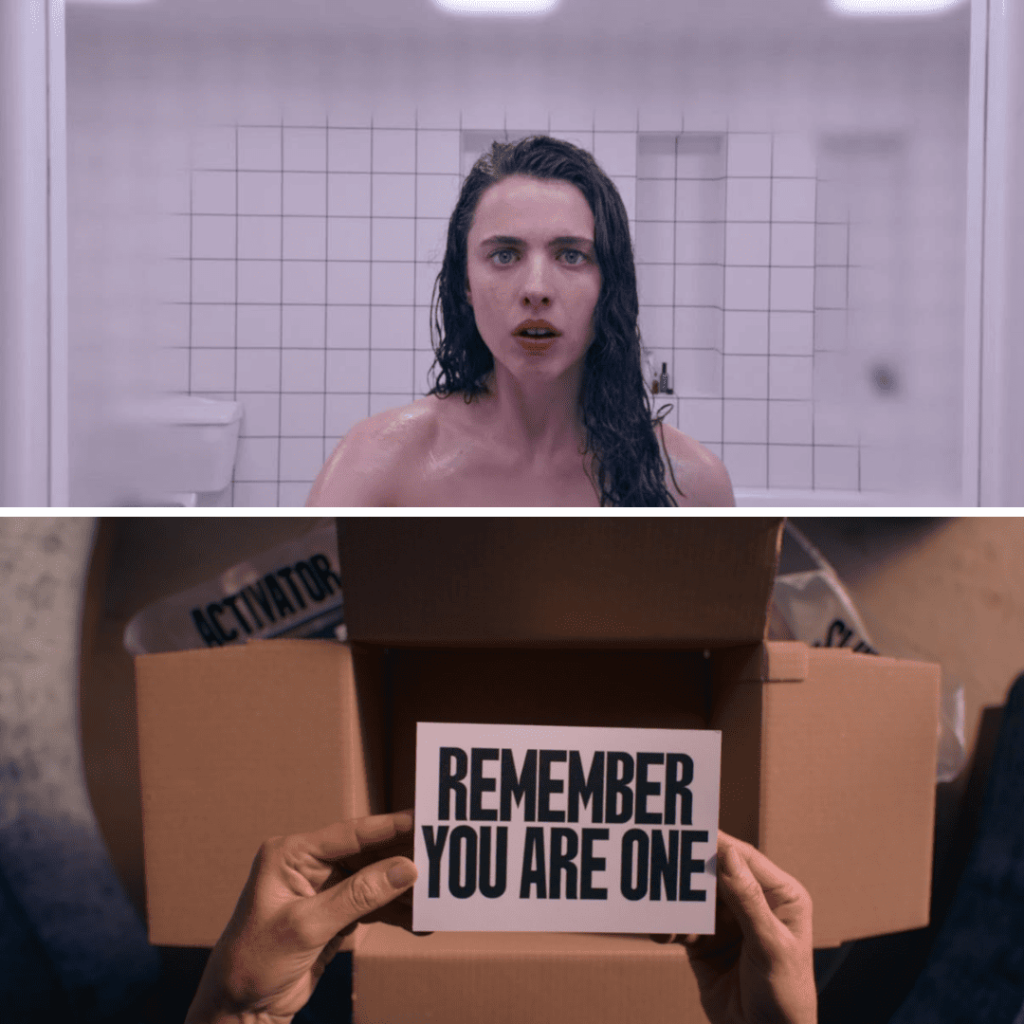 The Substance movie explained through a haunting scene of a young woman in a sterile bathroom and a box containing a card that reads “Remember You Are One."