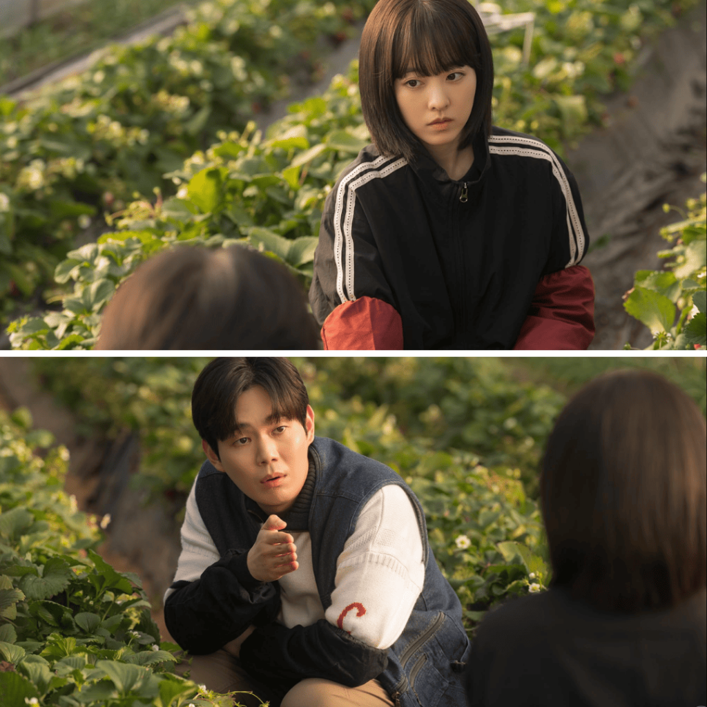 Our Unwritten Seoul Review: Mirae and Sejin sit in a strawberry field having an emotional conversation about dreams and regrets between city and hometown.