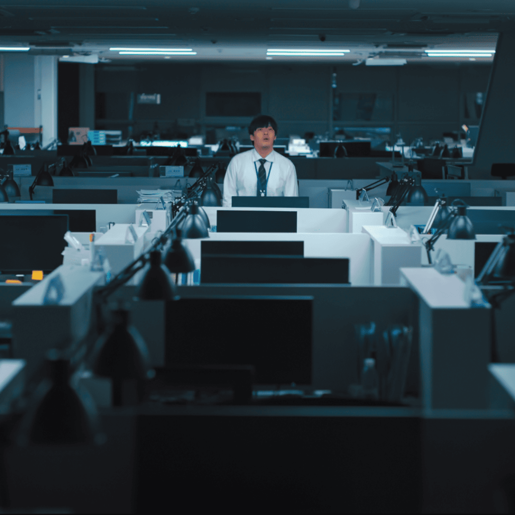 Office worker alone in a sea of cubicles in Wall to Wall Movie Review.