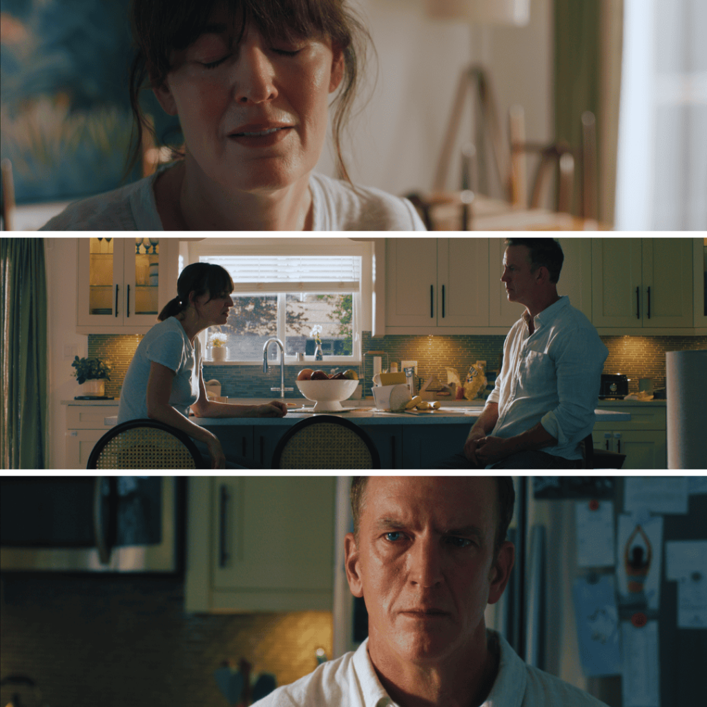 Untamed Netflix Review: A tense collage of Jill and her current husband as she reveals the truth behind her act of vigilante justice, grief etched across her face as the weight of her secret comes crashing down.