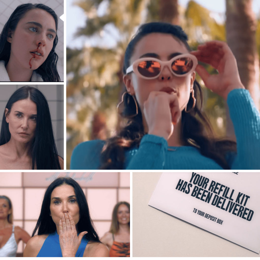 The Substance movie explained through a collage of glamor and horror: Demi Moore and Margaret Qualley portray versions of the same woman trapped in a cycle of consumption, cosmetic perfection, and bodily decay.