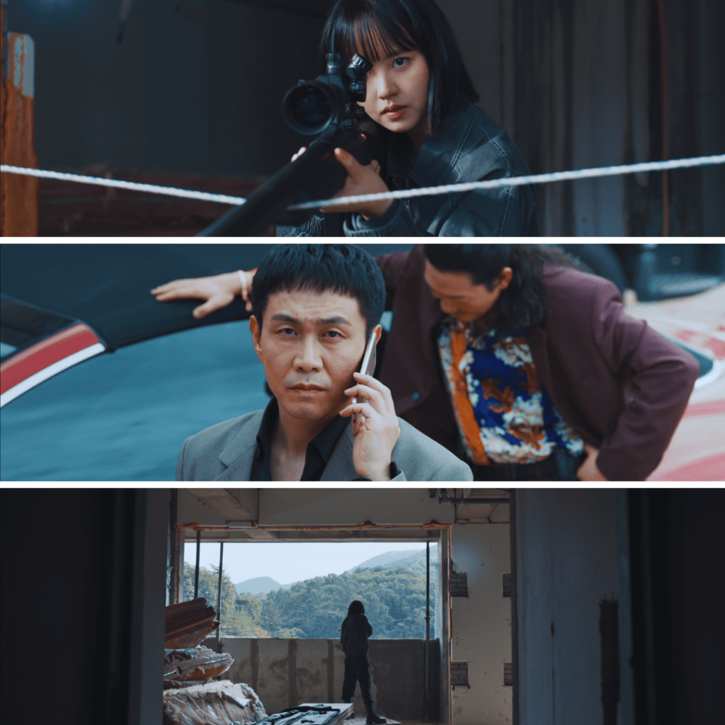 Good Boy K-drama Review: Ji Han-na aims her gun at Min Ju-yeong in a tense confrontation scene from Good Boy K-drama, captured just before she fires a warning shot.