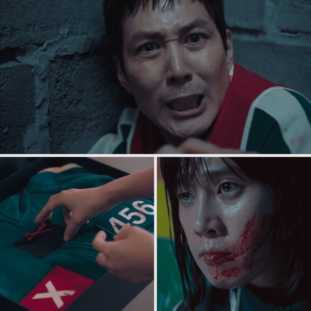 K-dramas Like Squid Game: Close-up of a blood splattered contestants and player 456's uniform.