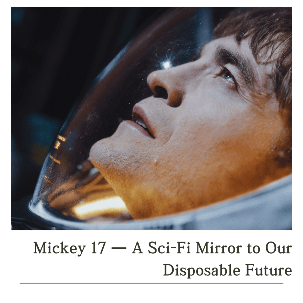  Close-up of Robert Pattinson in a space helmet from Mickey 17, gazing upward.