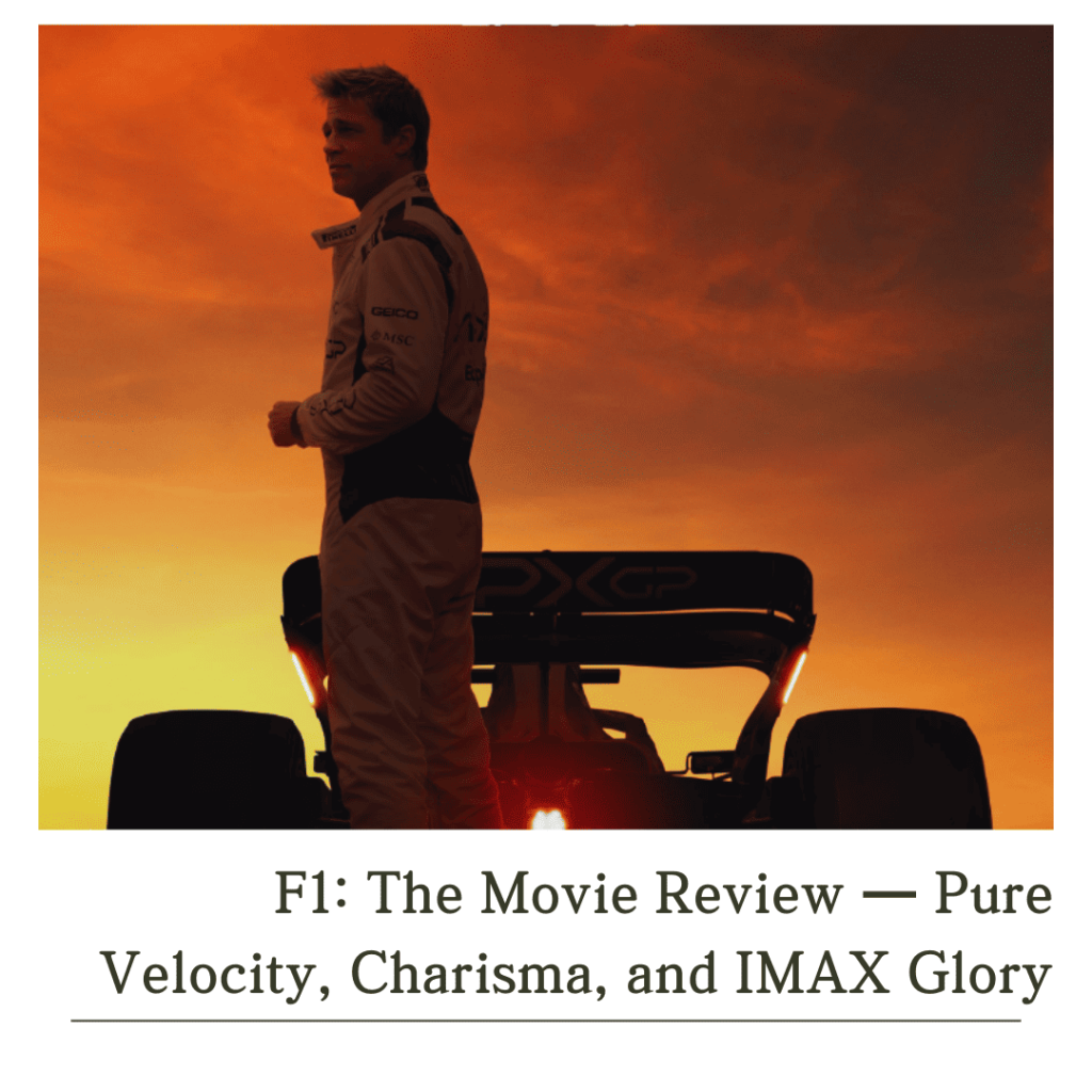 Promotional poster of Brad Pitt with an F1 car at sunset for an F1 movie review