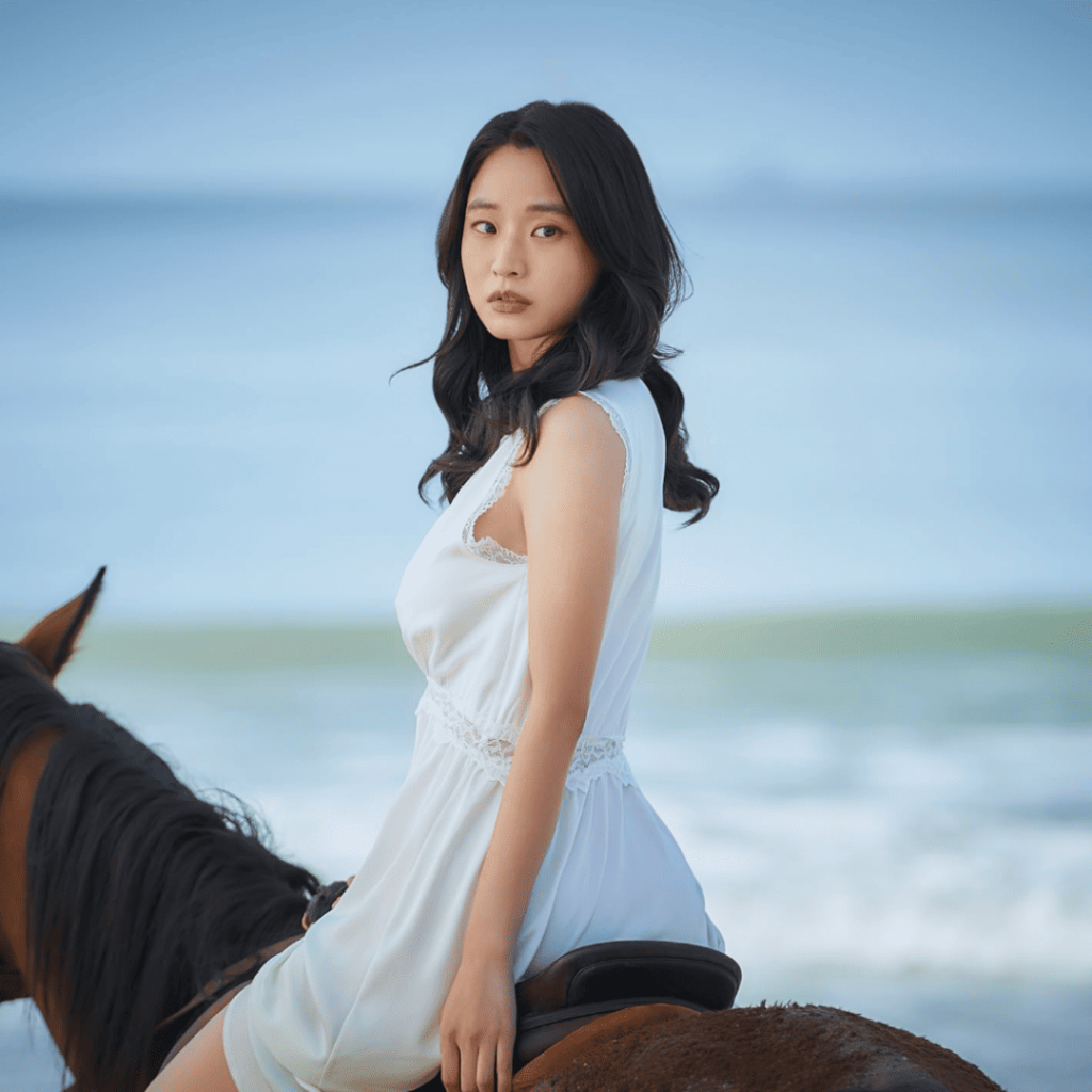Aema Netflix Review – Ju Ae riding a horse by the sea, symbolizing resilience and freedom.