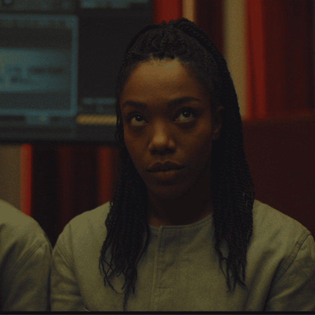 Nasha glaring with suspicion in Mickey 17, eyes full of resistance.