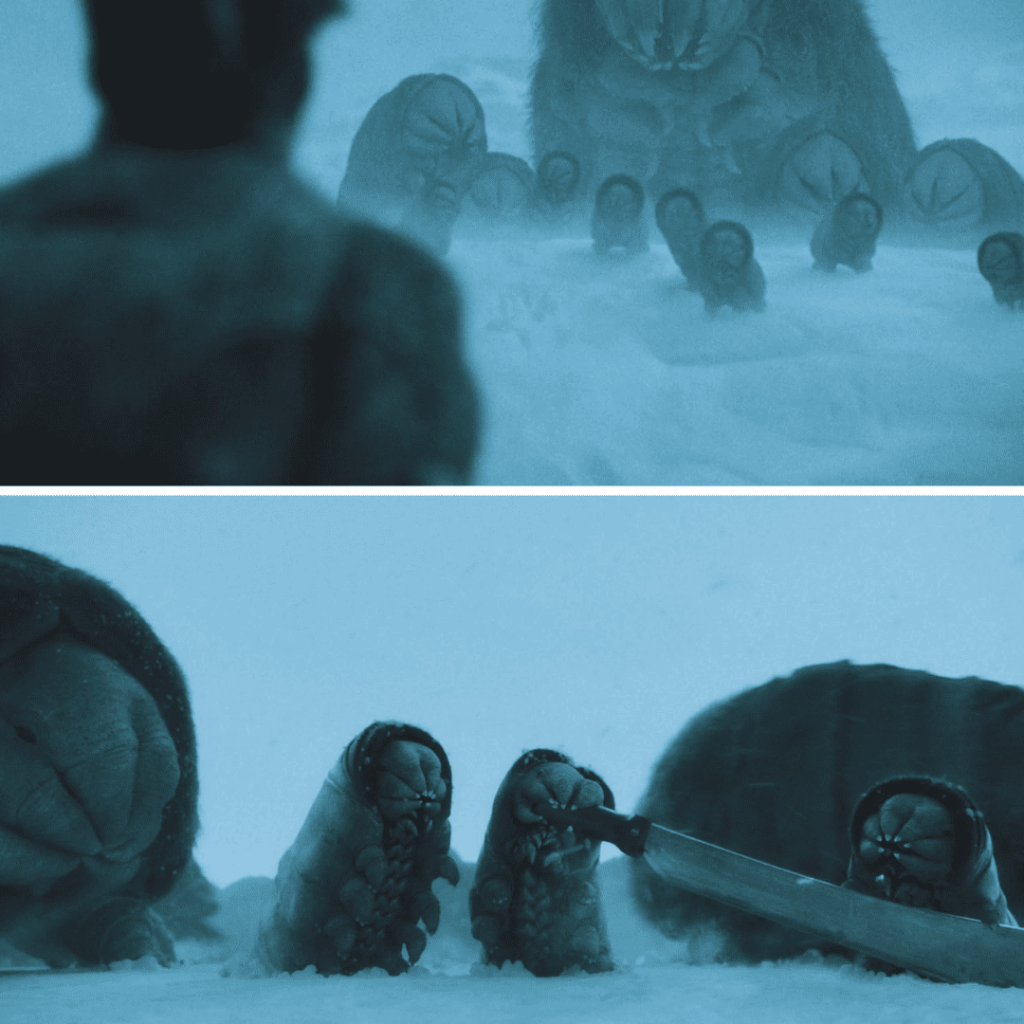 Two creeper creatures from Mickey 17, including baby-sized ones armed with knives.