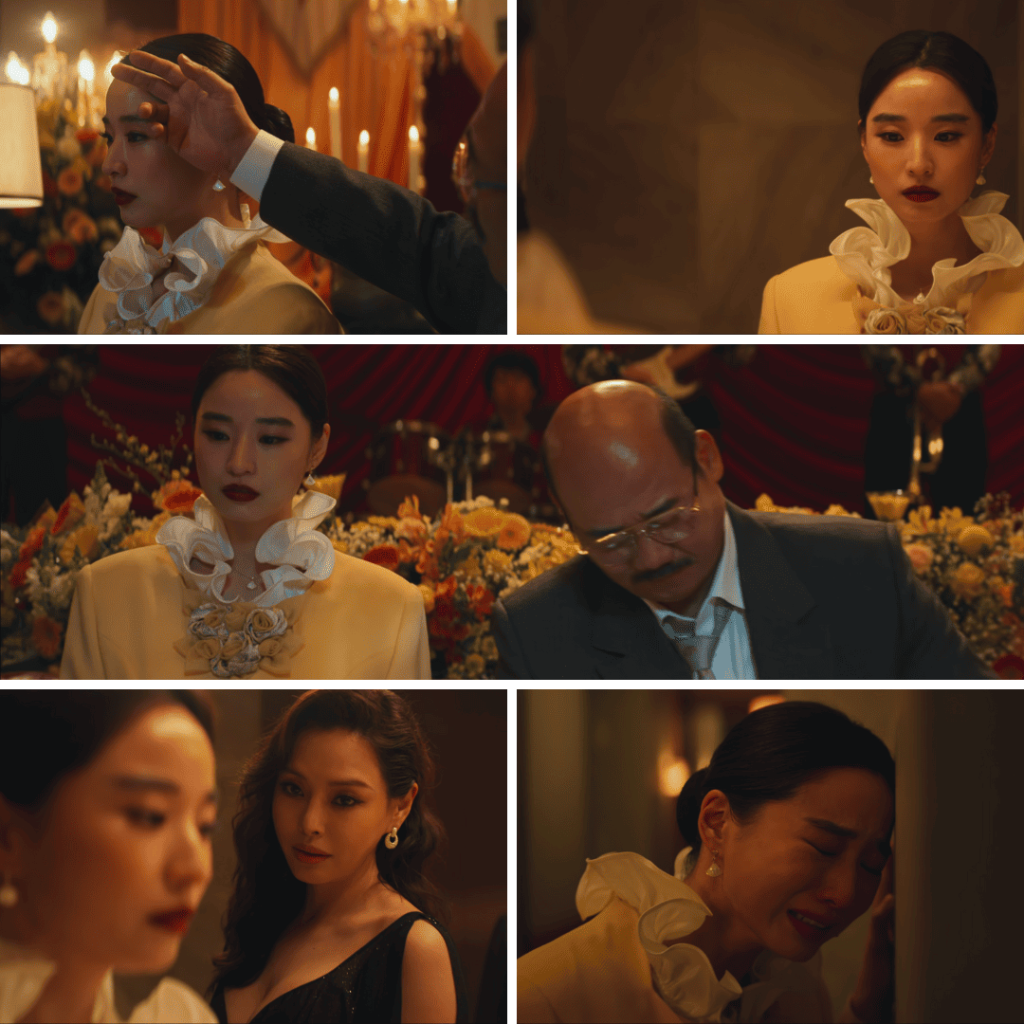 Aema Netflix Review – banquet scene collage highlighting corruption, power, and the exploitation of women in 1980s Korea.