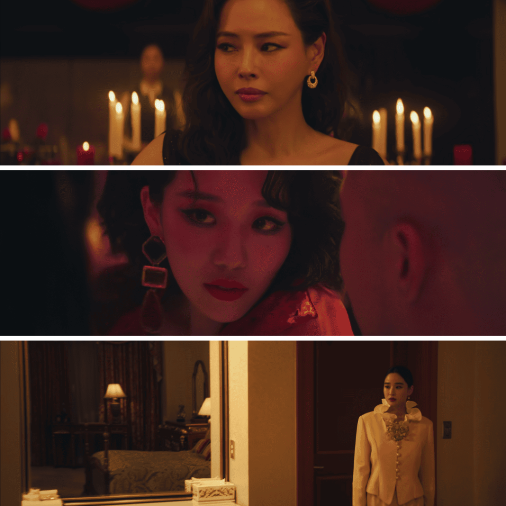 Aema Netflix Review – portraits of Hee Ra, Ju Ae, and Mina, three women navigating survival in a predatory industry.