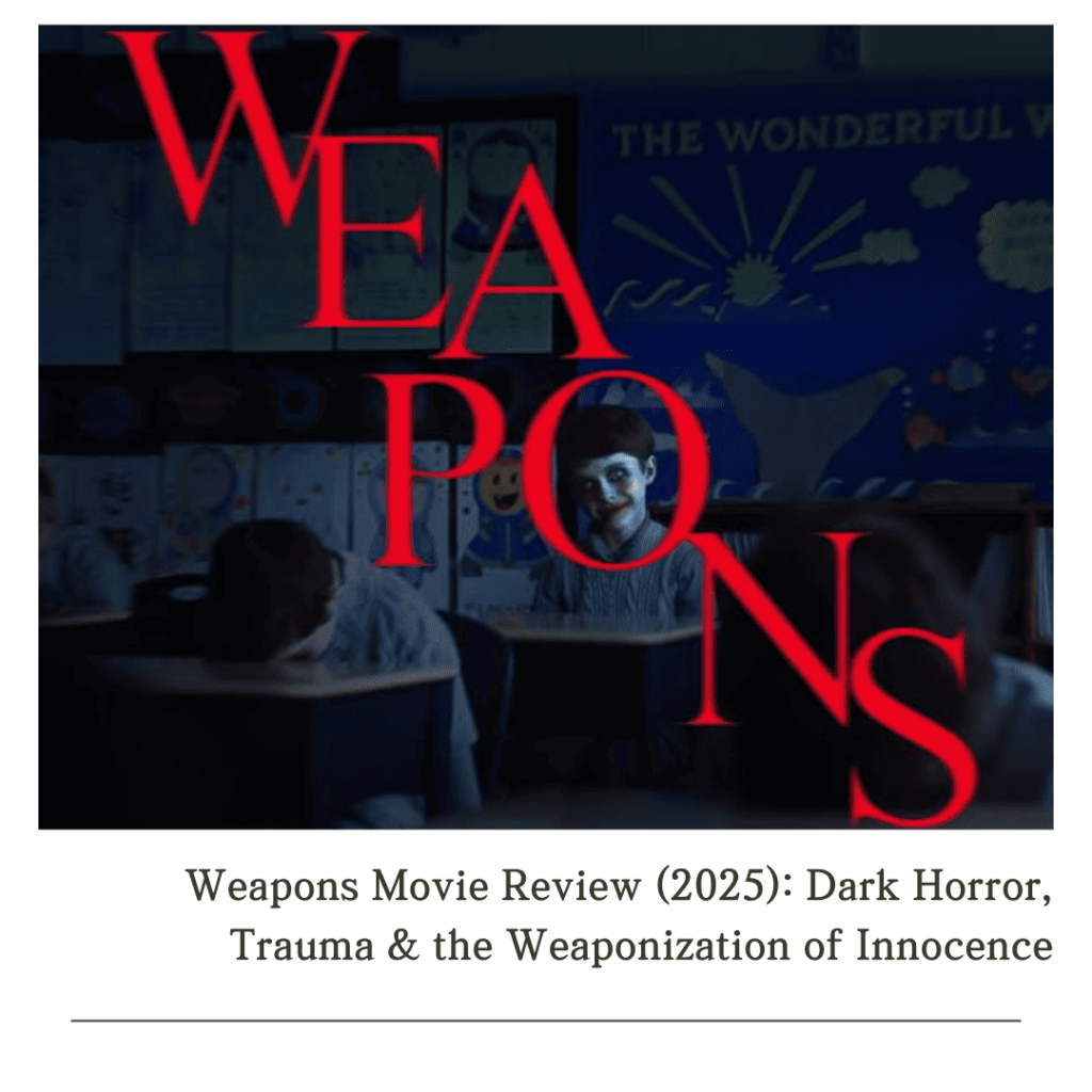 Weapons Movie Review blog cover with red writing and a boy in creepy facepaint in the classroom.