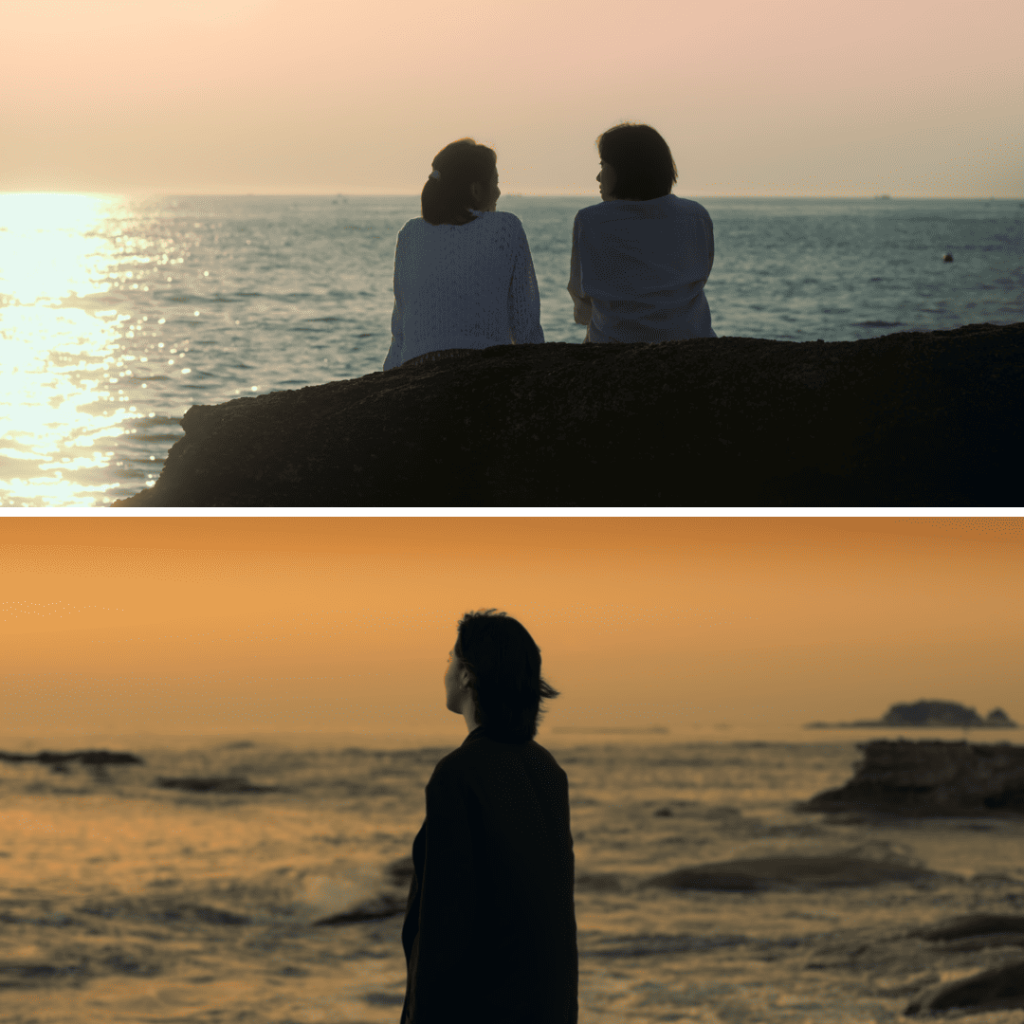 You and Everything Else Kdrama Review: Two-image grid of Sang-yeon and Eun-jung paying their respects to Mrs. Yoon  at sunset and Eun-jung alone at the same beach.
