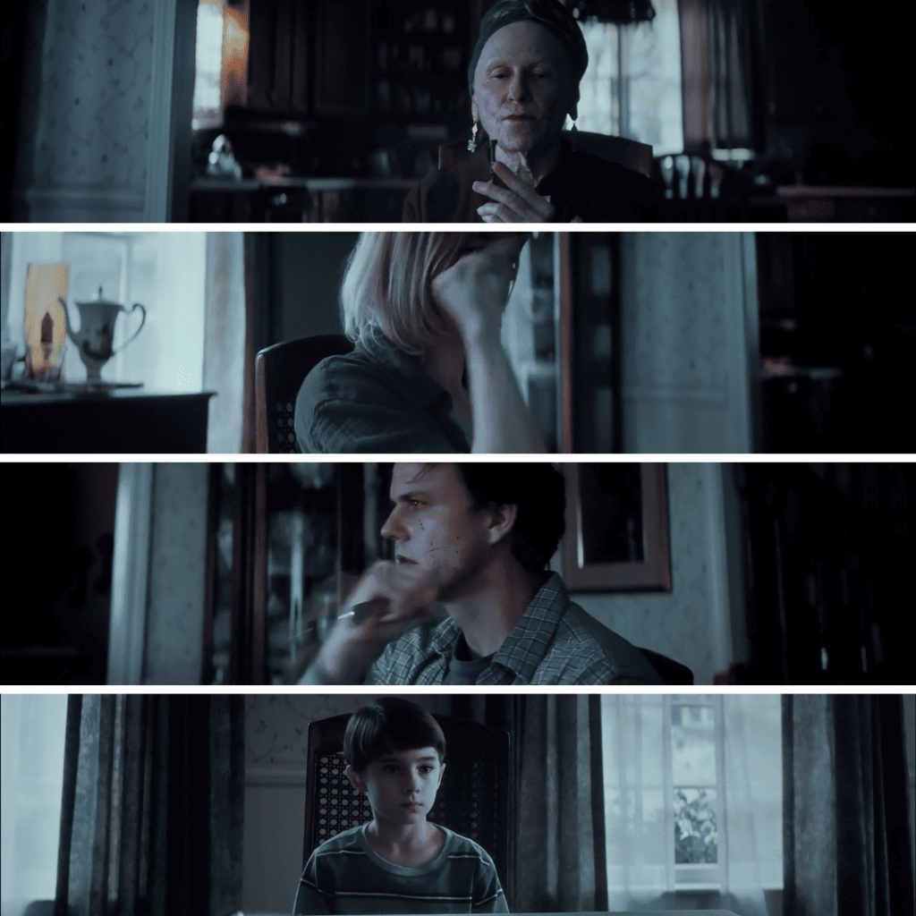 Weapons Movie Review collage of Alex, his mom, his dad, and Aunt Gladys as she forces the parents to stab themselves with a fork.