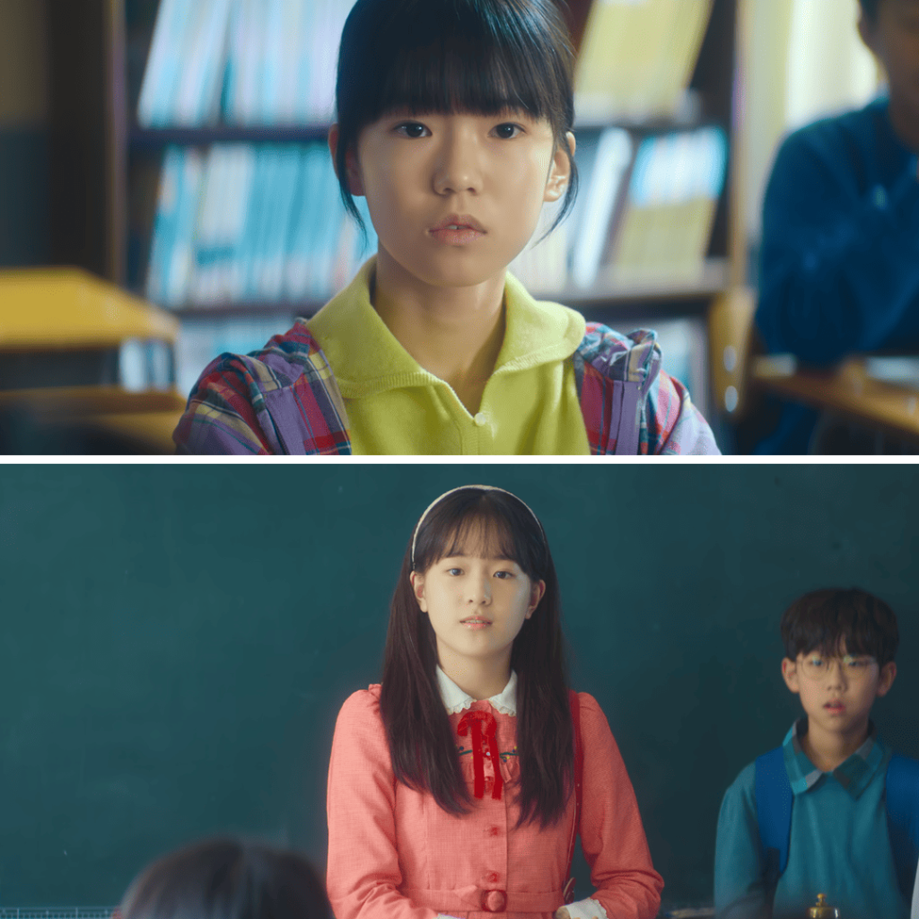 You and Everything Else Kdrama Review: Close-up stills of young Eun-jung and Sang-yeon meeting in their elementary classroom, marking the start of their rivalry.