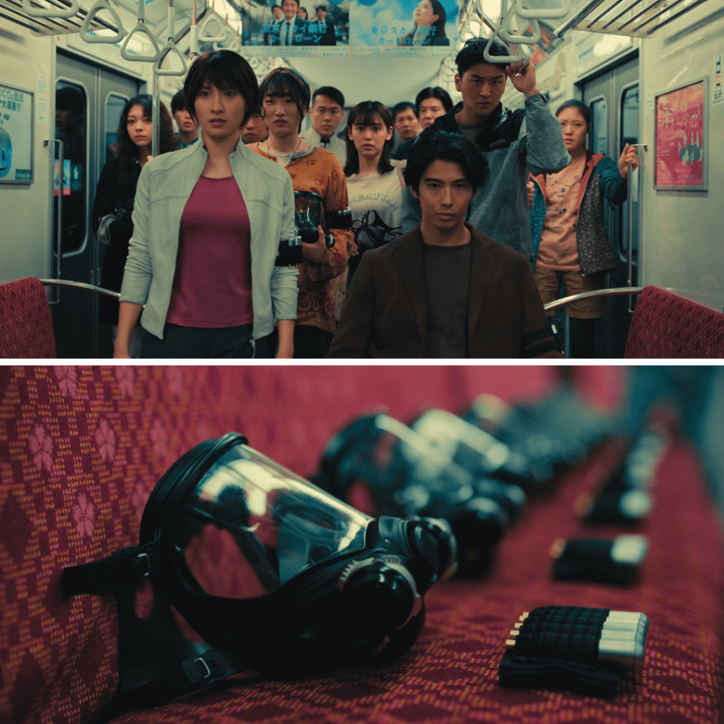 Usagi with Ryuji on runaway train and empty gas mask seats from Alice in Borderland Season 3 Review