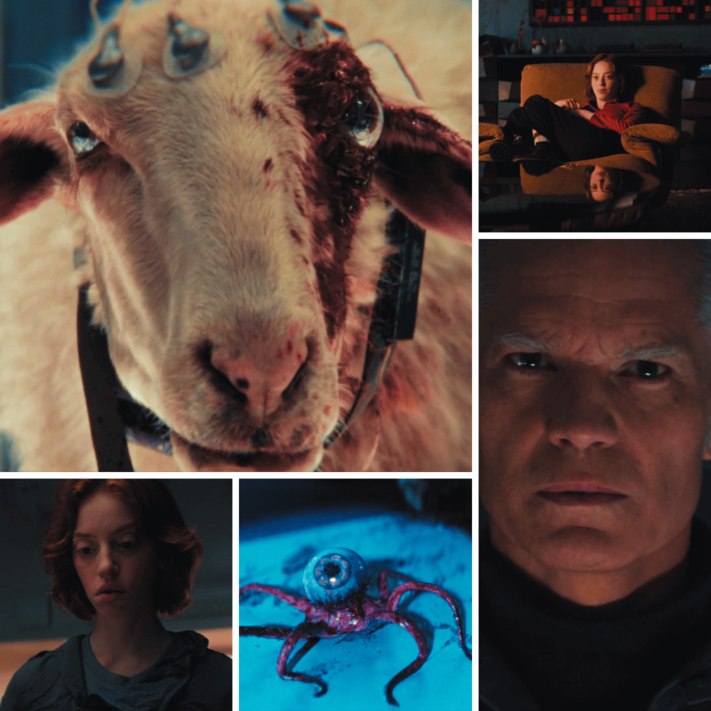 Alien Earth Midseason Review collage of Nibs, Kirsh, and octoeye alien in sheep.