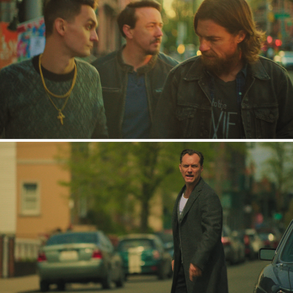 Black Rabbit Netflix Review: Jake and Vince confronting Junior and Babbit, two dangerous enforcers who embody the consequences of Vince’s gambling spiral