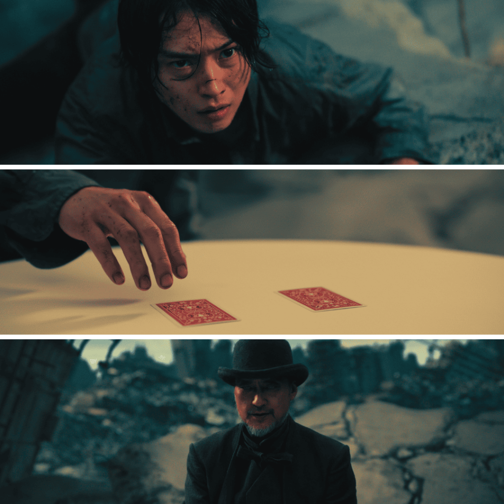 Arisu, Joker cards on a table, and Ken Watanabe as Watchman in Alice in Borderland Season 3 Review