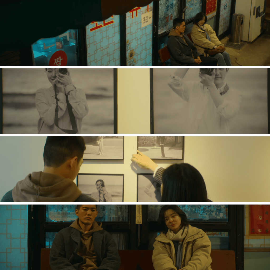 You and Everything Else Kdrama Review: Four-image grid showing Eun-jung, Sang-yeon, and Sang-hak in their university photography club, including exhibition moments and a quiet bus stop scene.