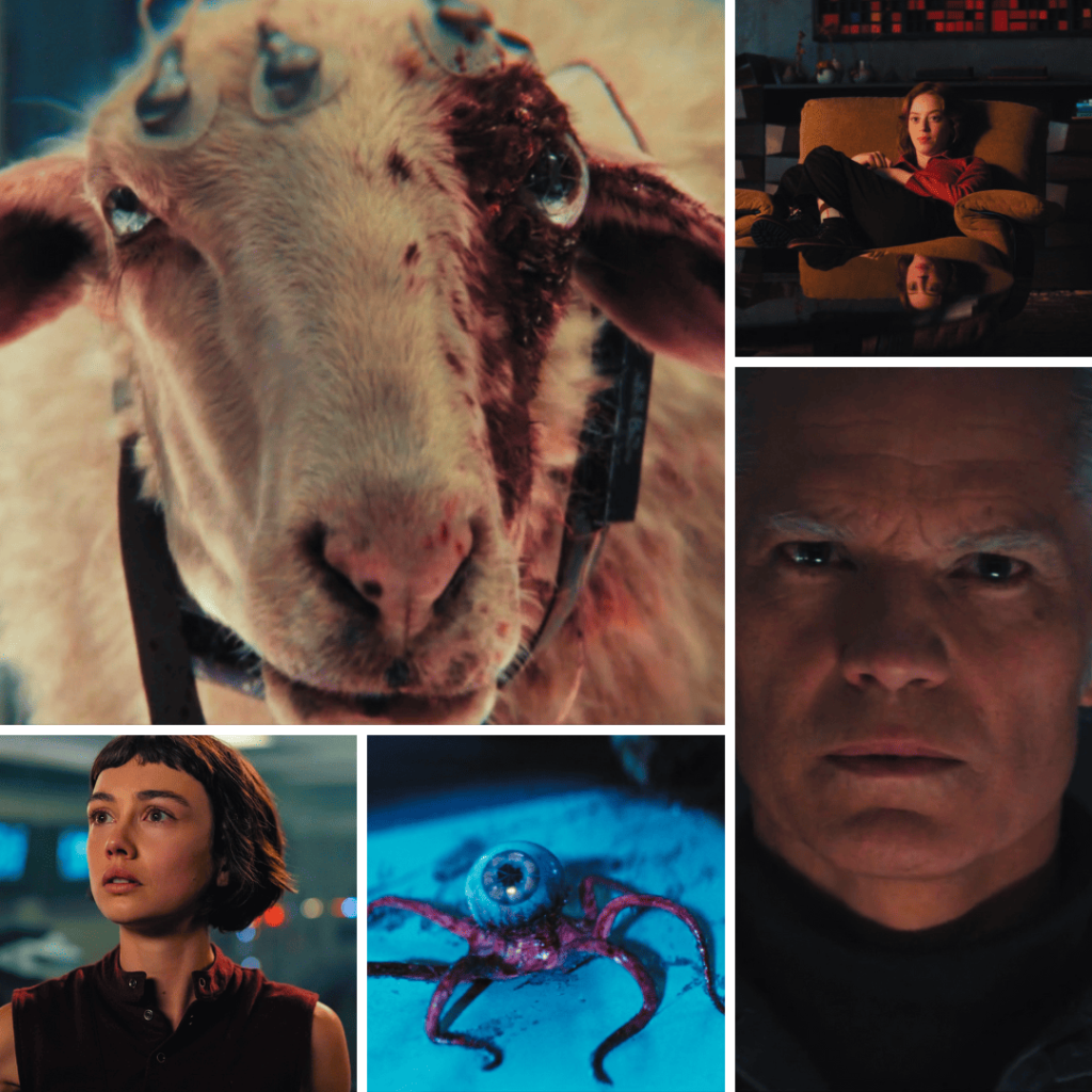 Current Watchlist September 2025: Collage featuring Sydney Chandler as Wendy, Timothy Olyphant as Kirsh, and the mysterious sheep in Alien Earth.
