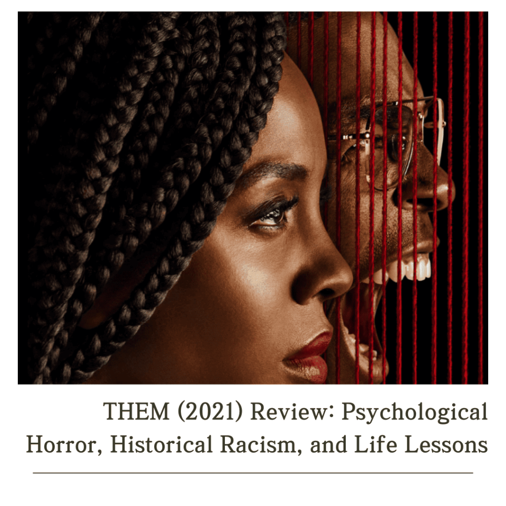 Poster of THEM (2021) showing Deborah Ayorinde in calm profile juxtaposed with Luke James screaming, symbolizing inner and outer horror