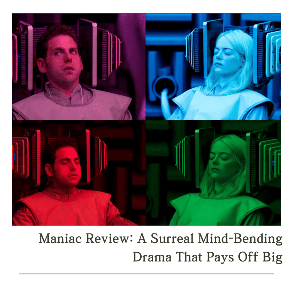 Mania Review: A 4-panel grid showing Owen and Annie in their grey clinical uniforms, each panel tinted a different vibrant neon color as they undergo the U.L.P. drug trial.