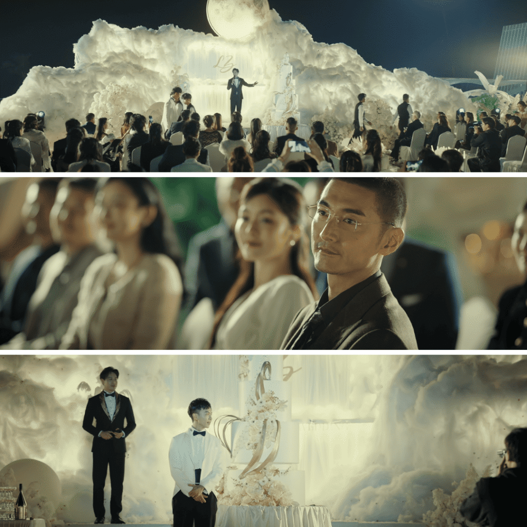 Mobius Mid-Season Review three-image grid showing the wedding scene and Mo Yuan Zhi seated among the congregation, surrounded by tension and illusion