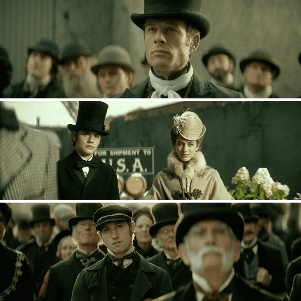 The House of Guinness Netflix Review: Three-image grid showing Edward and Lady Olivia Hedges listening to Arthur’s speech, with Rafferty and the workers echoing the moment, symbolizing collective hope and burden.