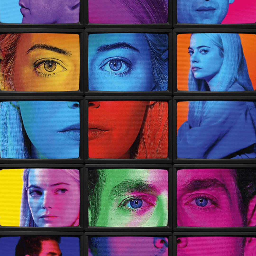 Maniac Review: Promotional poster for Maniac featuring Jonah Hill and Emma Stone’s faces divided into multiple square grids, resembling the flickering screens of vintage television sets.