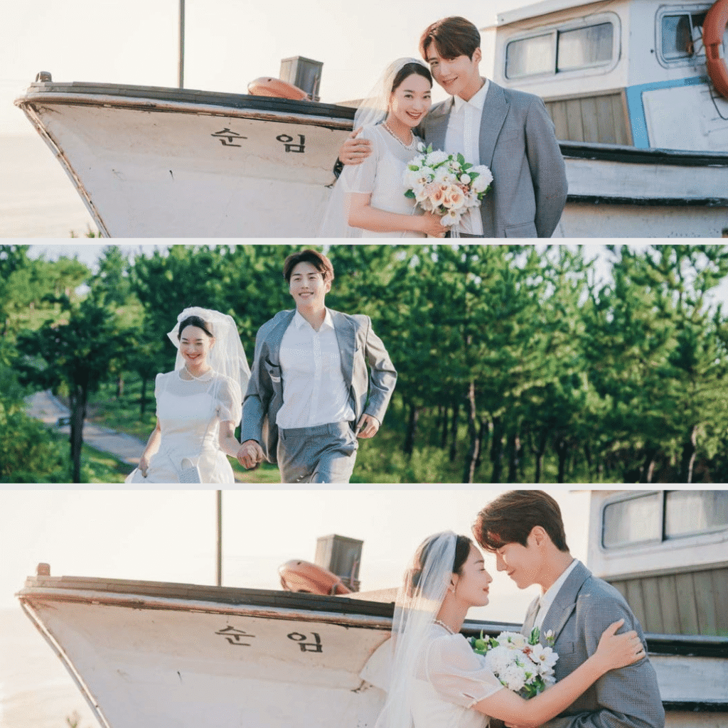Hometown Cha-Cha-Cha - Three-image grid of Shin Min-a and Kim Seon-ho in seaside scenes, capturing romantic charm typical of Kdramas like You and Everything Else