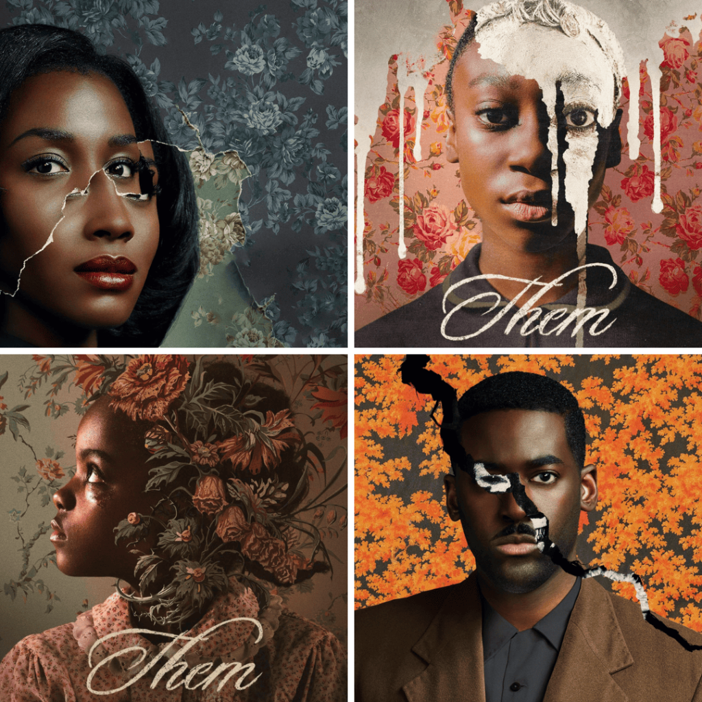 THEM (2021): Promotional portraits of the Emory family, Henry, Lucky, Ruby, and Gracie together as a unit.