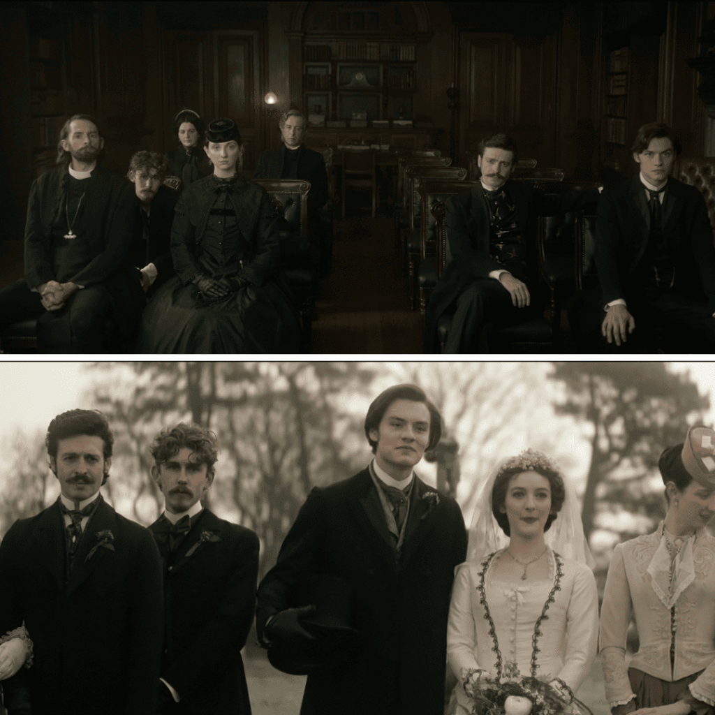 The House of Guinness Netflix Review: Split image showing the Guinness family gathered at the reading of their father’s will beside a wedding scene of Edward Guinness, highlighting the fragile unity between duty and ambition