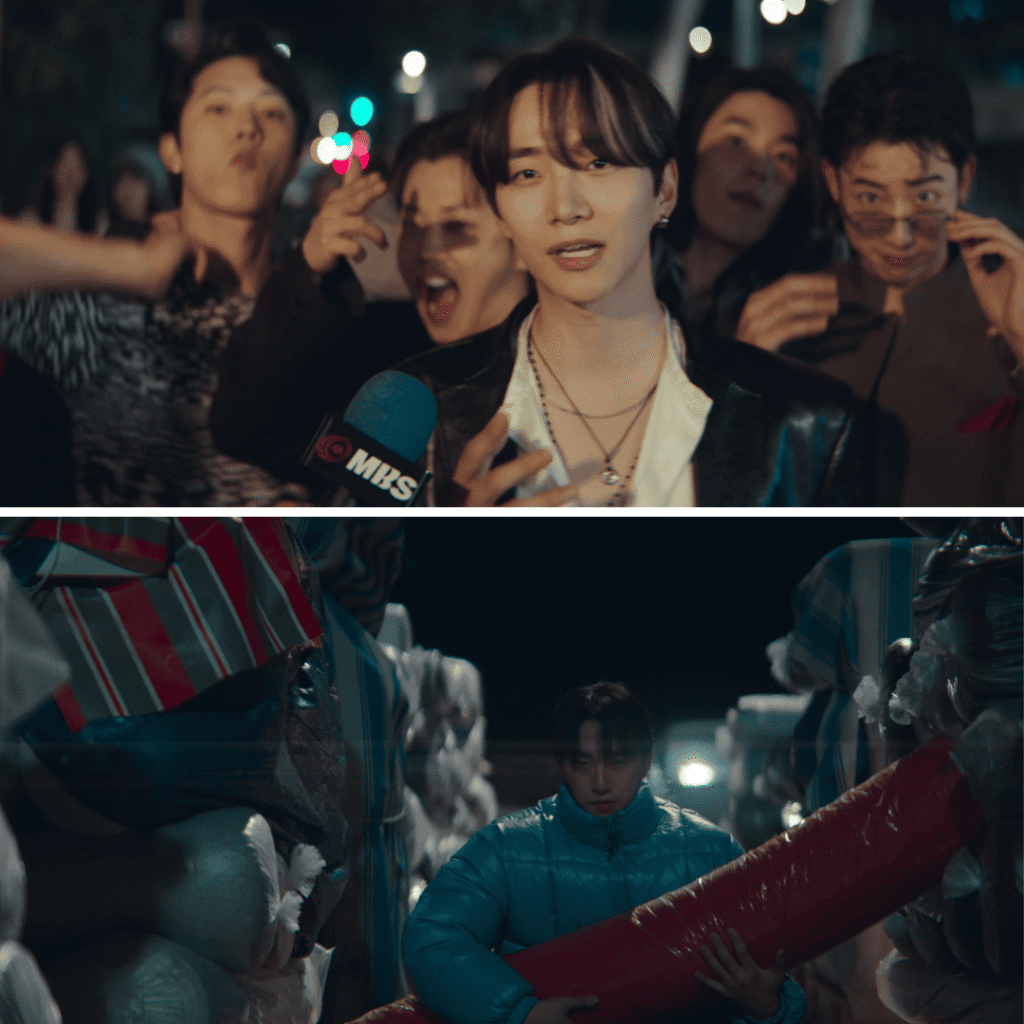 Typhoon Family First Impressions two-image grid showing Kang Tae Pung speaking to the press in his privileged youth and later sitting in a car park clutching fabric rolls, wearing a blue puffer coat.