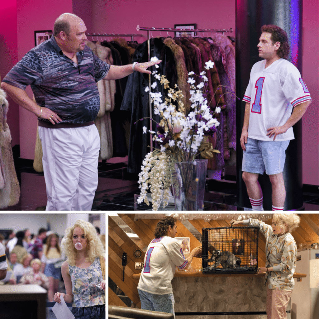 Maniac Review: A three-image montage: Owen Milgrim trying on lavish fur coats; Owen and Annie holding a lemur in a 1980s suburban setting; and Annie Landsberg blowing a pink bubble gum bubble.