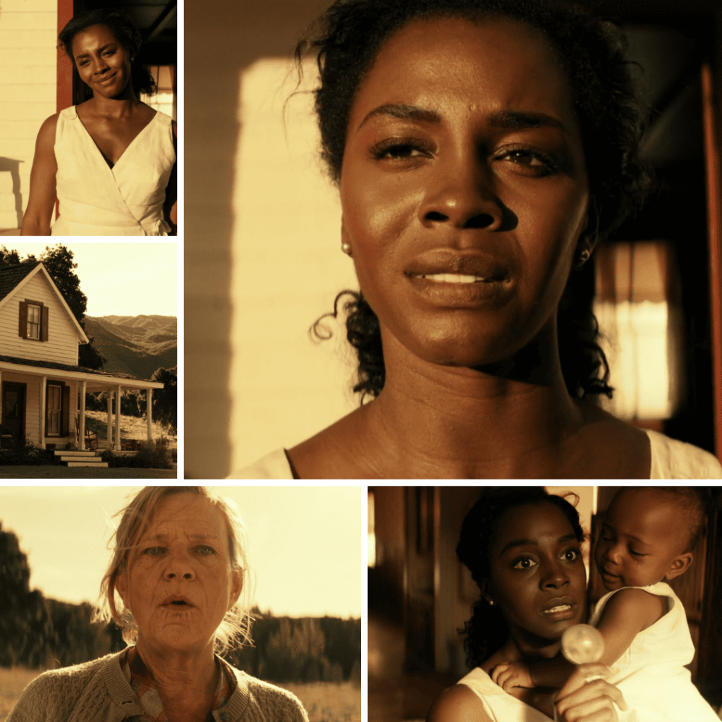 THEM (2021): Collage of Lucky Emory and the old woman who murders her baby Chester, highlighting trauma and racial violence.