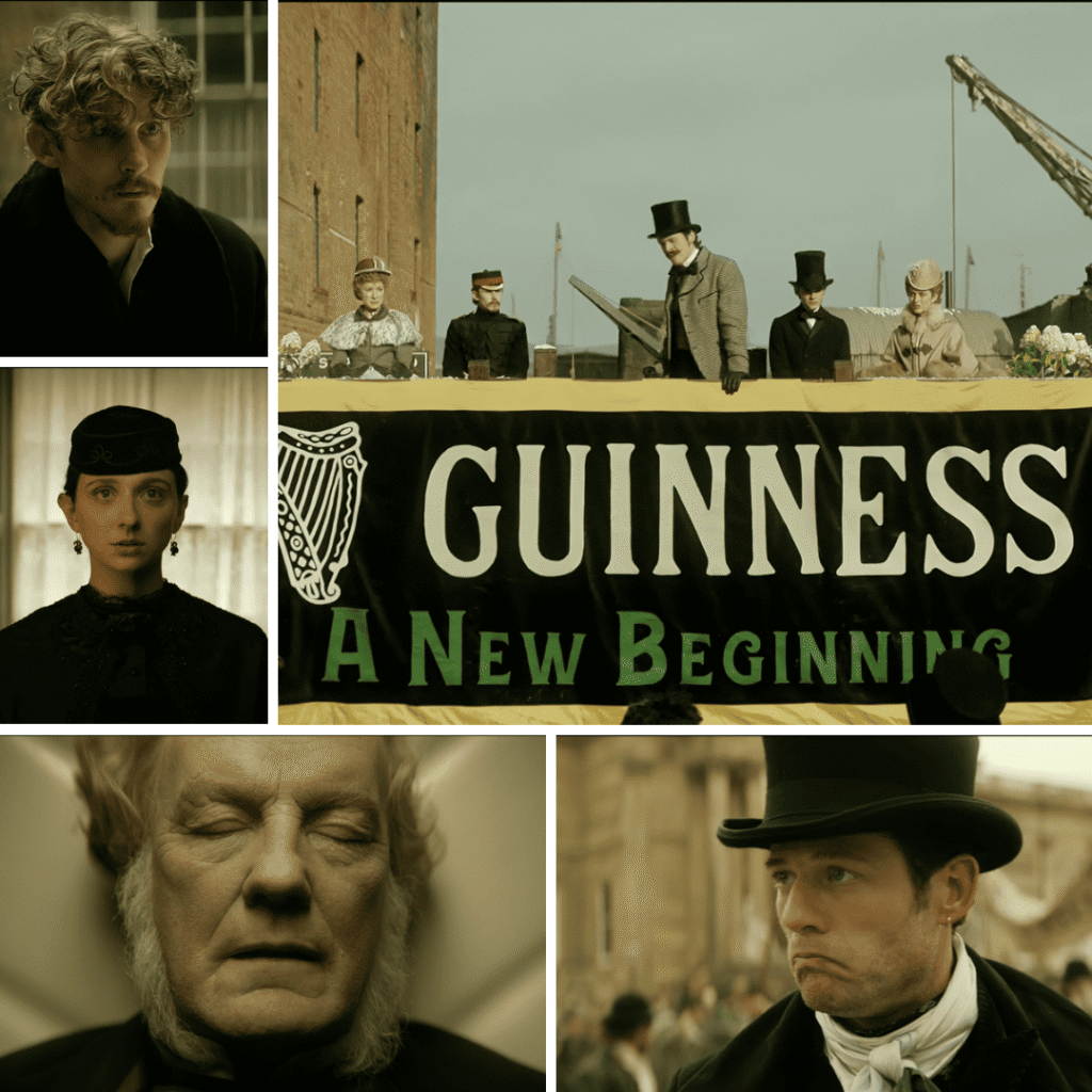 The House of Guinness Netflix Review: Collage featuring the late patriarch, Rafferty, Benjamin and Anne Guinness, and Arthur delivering a speech, intertwining themes of love, legacy, and moral compromise.