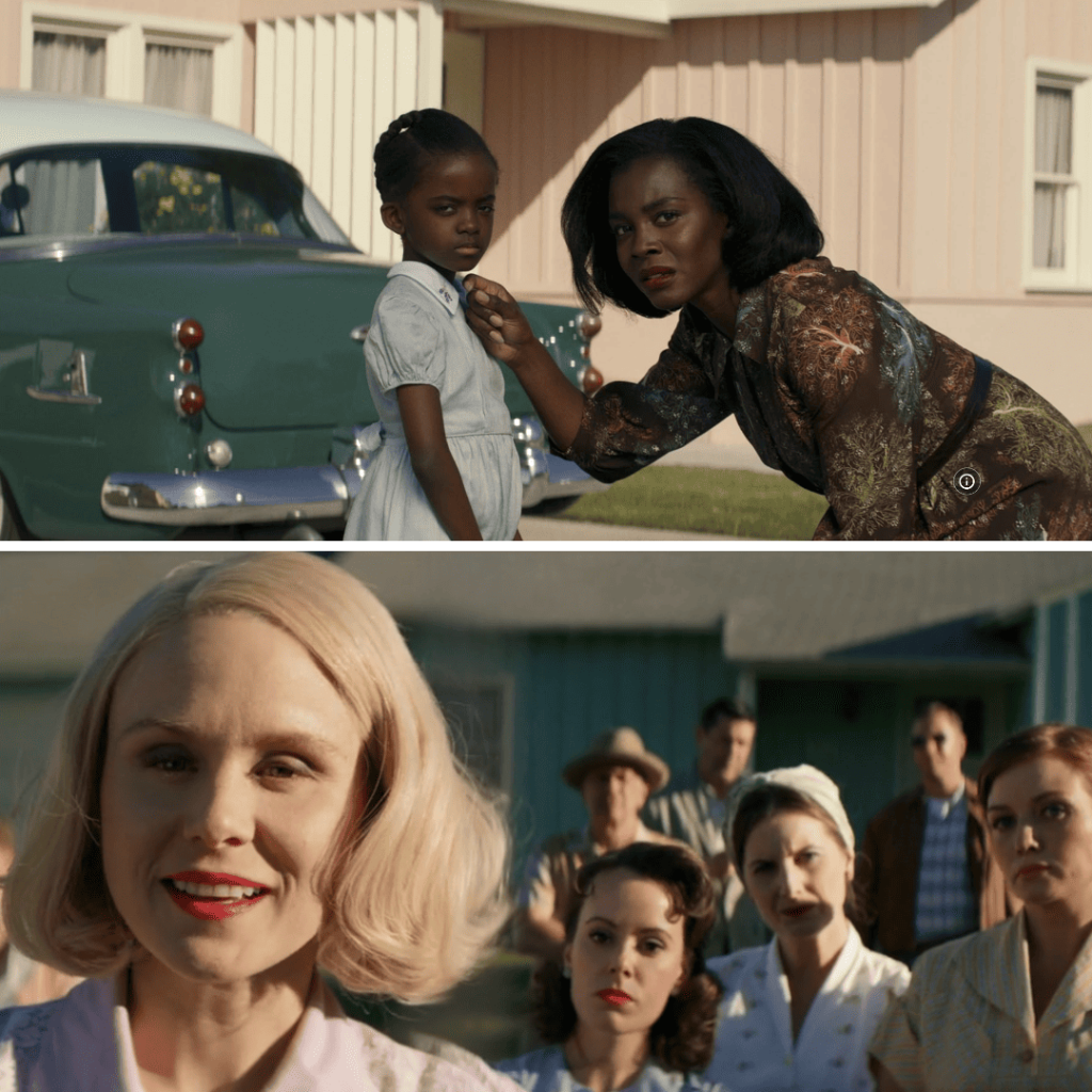 THEM (2021): Lucky with daughter Gracie outside their new house contrasted with Betty and her white neighbors gathered in hostility.