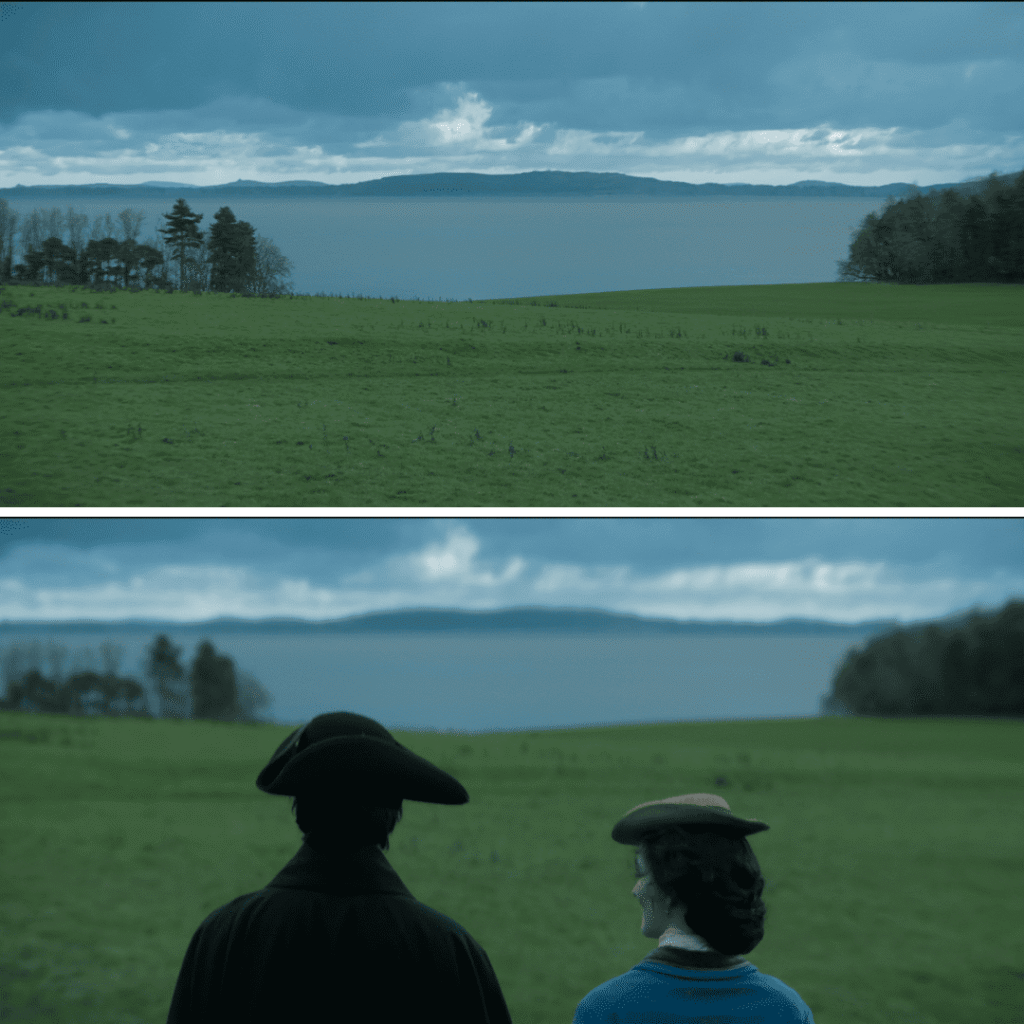 The House of Guinness Netflix Review: Dual images of Edward and Adelaide Guinness alongside sweeping Irish countryside vistas, illustrating how Ireland itself shapes the family’s destiny.