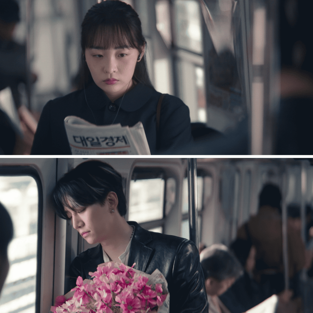Typhoon Family First Impressions two-image grid featuring Kang Tae Pung sleeping upright on a train holding flowers and Oh Mi Seon reading a newspaper as he stands before her.