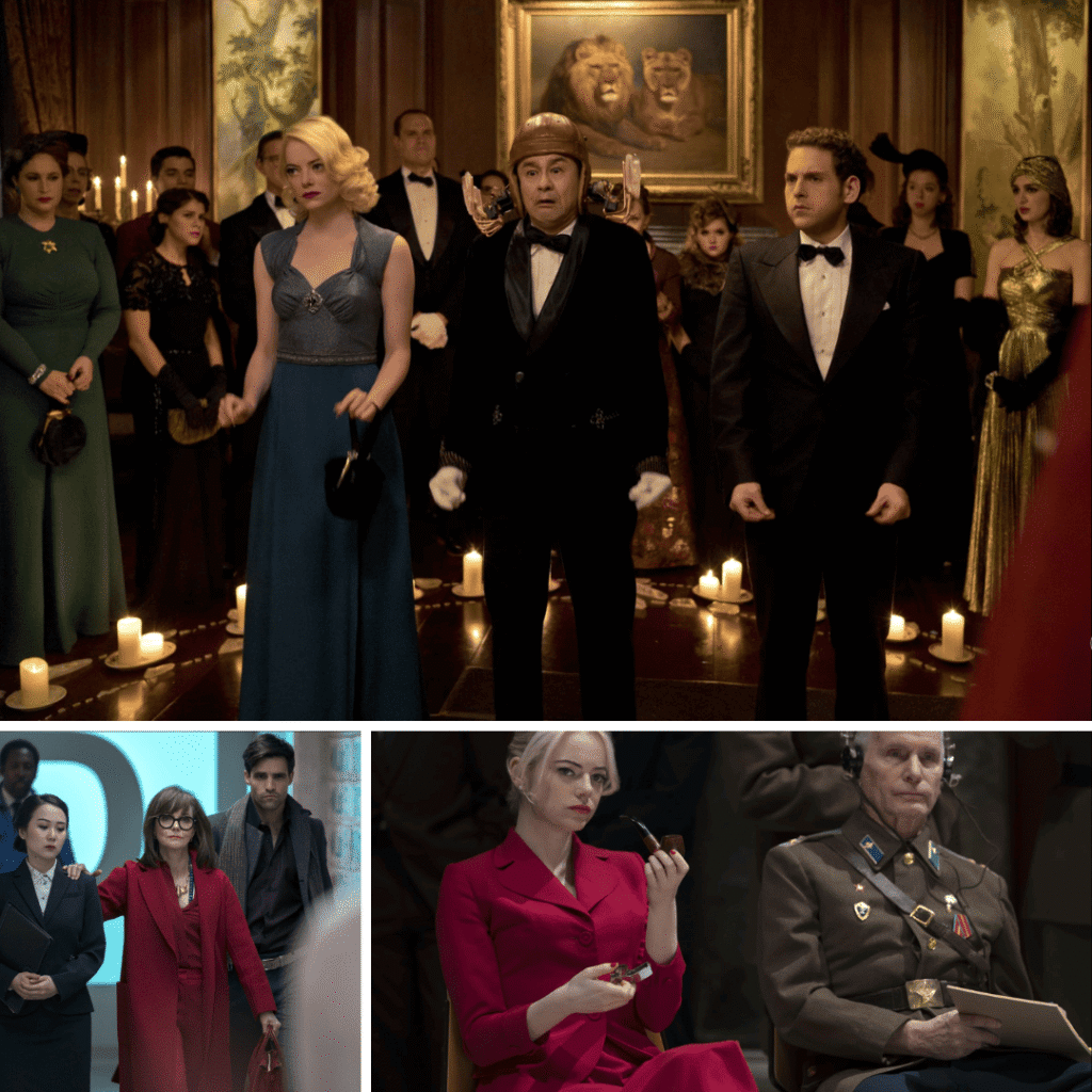 Maniac Review: A three-image grid featuring the intimidating Dr. Greta Mantleray; Owen and Annie in formal evening wear at the Neberdine Mansion; and Annie in a sharp red suit as a CIA operative.