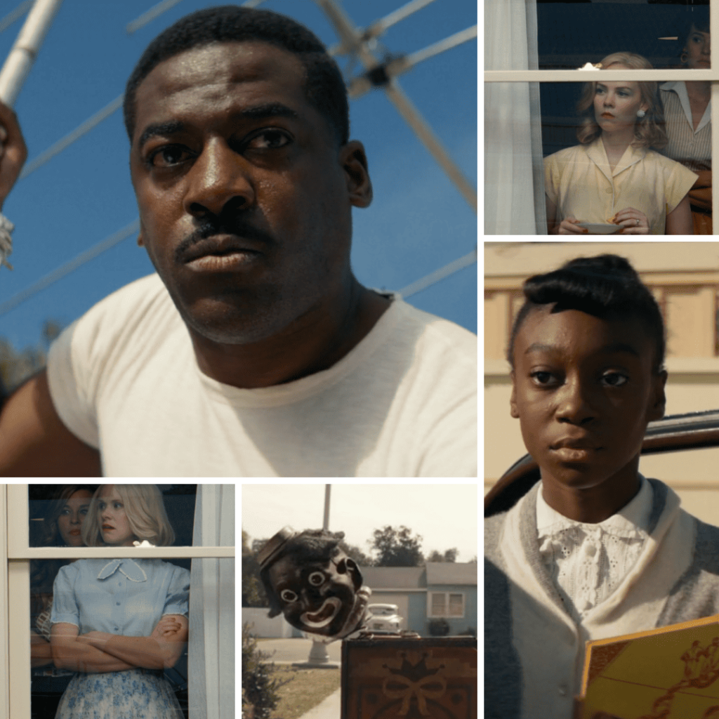 THEM (2021): Collage of Henry Emory, Ruby, neighbor Betty, and a racist doll outside the Emory family’s home.