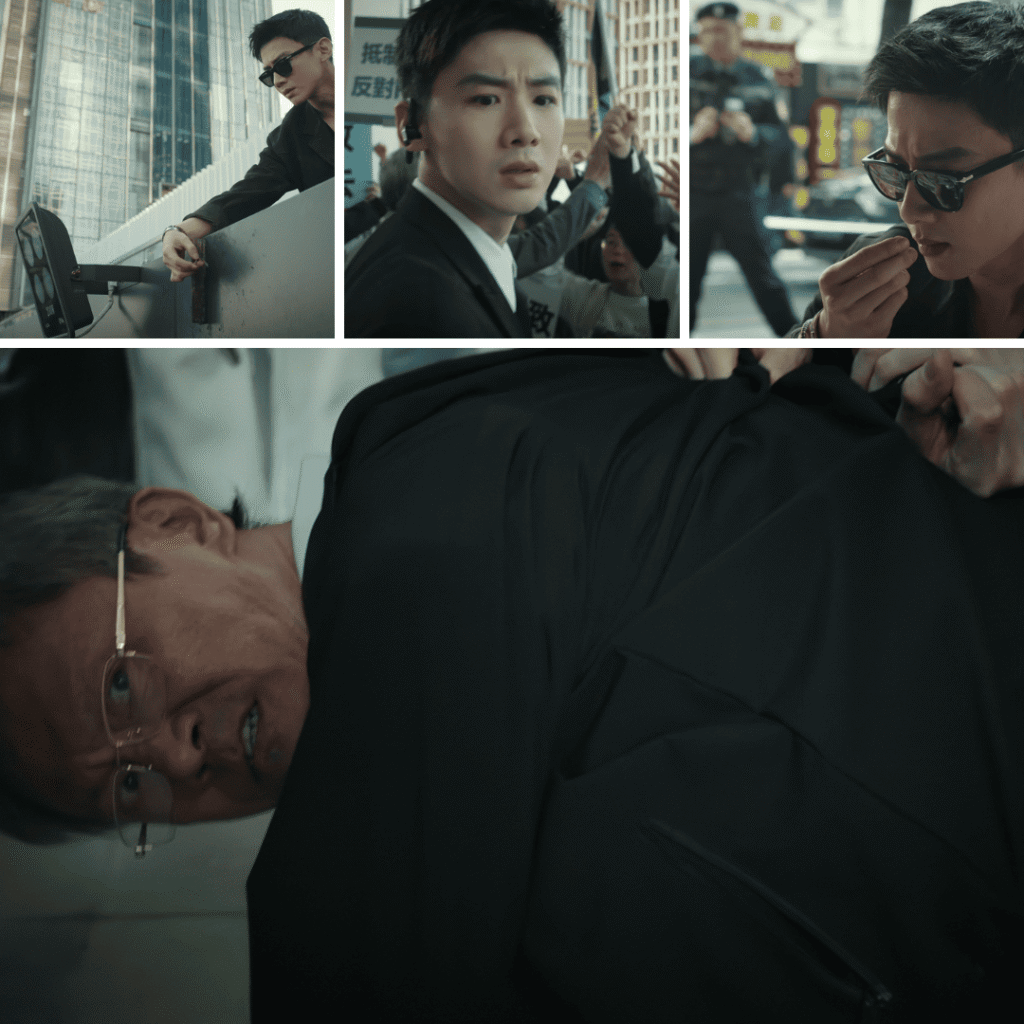 Mobius Mid-Season Review collage of Ding Xi investigating and confronting a prime suspect, blending crime and time paradox