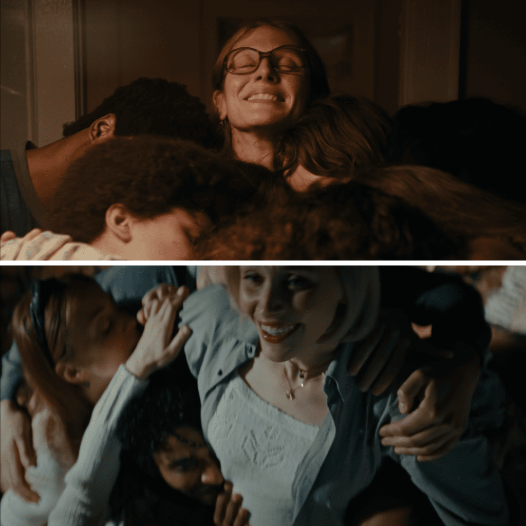 wo-image grid of Laura at the center of one group convergence and Evelyn at the center of another, mirroring their shared descent into control and delusion. | Wayward Netflix Review