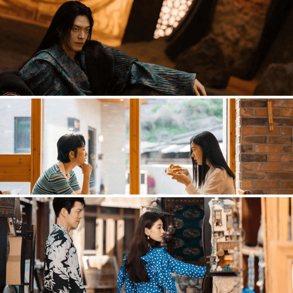 Genie Make-A-Wish Kdrama Review image grid featuring Iblis, young grandmother Miju, Min-ji, and Iblis with Ka-young in Dubai