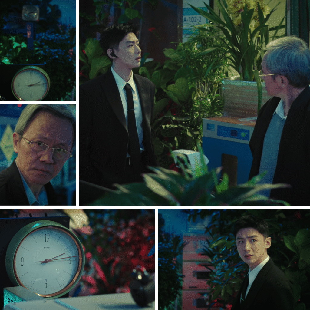 Mobius Mid-Season Review collage of Ding Xi in the suspect’s lab, surrounded by clocks and machinery that echo the endless loop.
