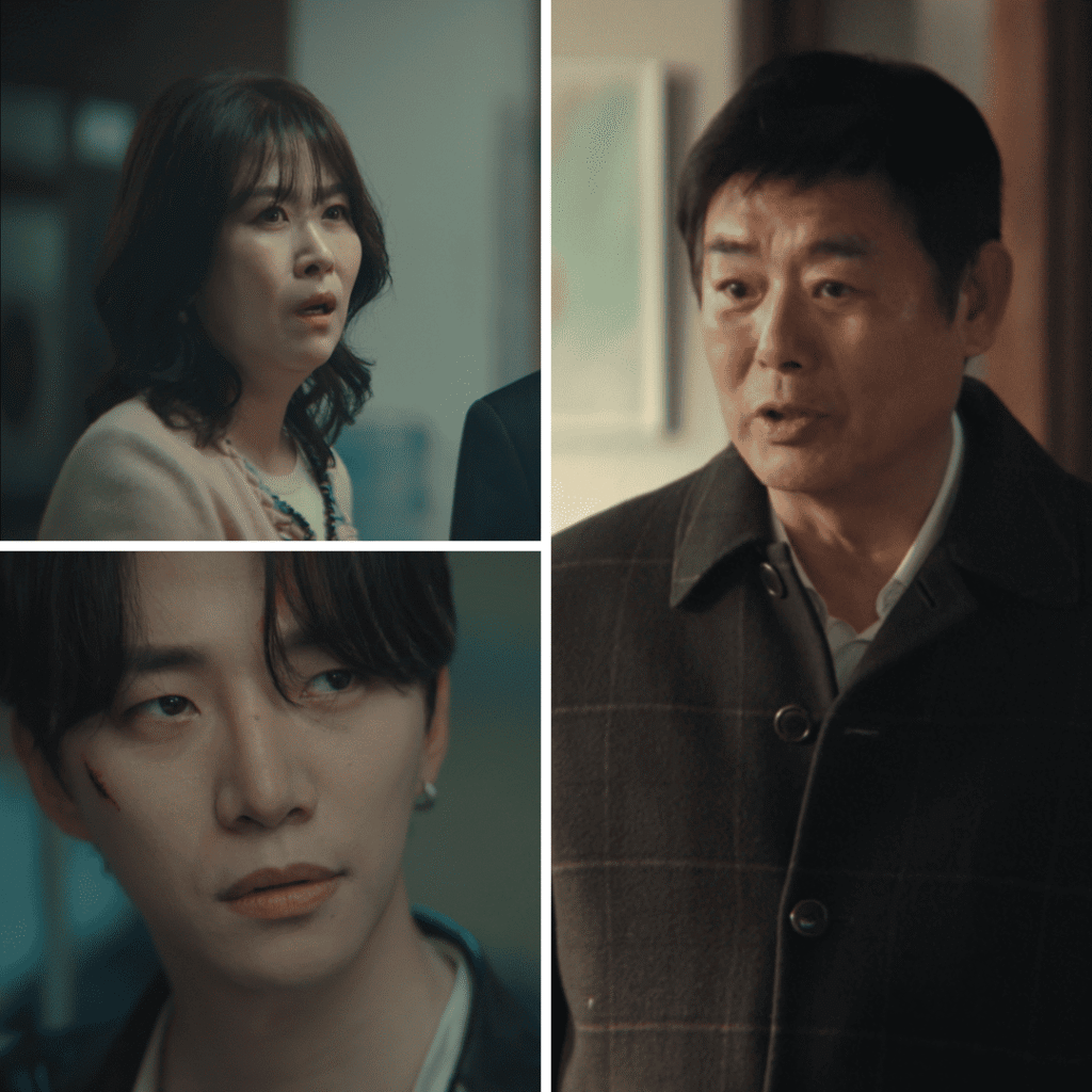 Typhoon Family First Impressions three-image grid of Kang Tae Pung with his parents, reflecting love and loss amid the IMF crisis