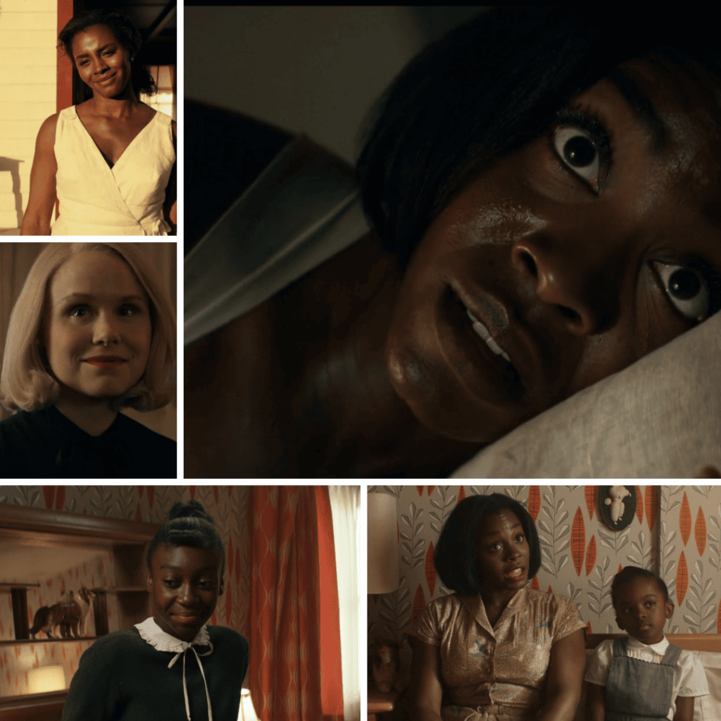 THEM (2021): Collage of Lucky, Ruby, Gracie, and neighbor Betty, representing characters tied by trauma, fear, and prejudice.